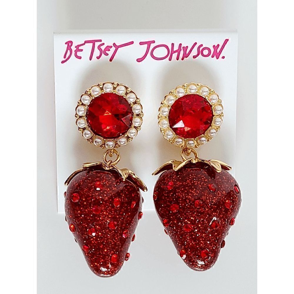 🍓 BETSEY JOHNSON Large Red Glitter Strawberry Crystal Drop Earrings NEW